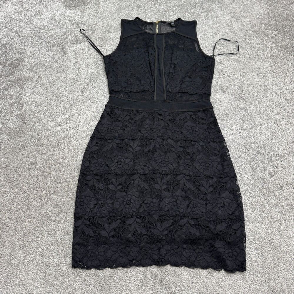 Guess Lace Tiered Bodycon Mini Dress Womens Small Black Sheer Sleeveless Party